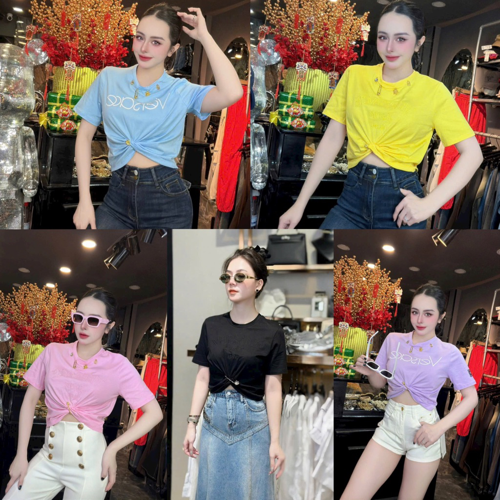 Áo thun croptop chữ Versace Godness kèm ghim băng