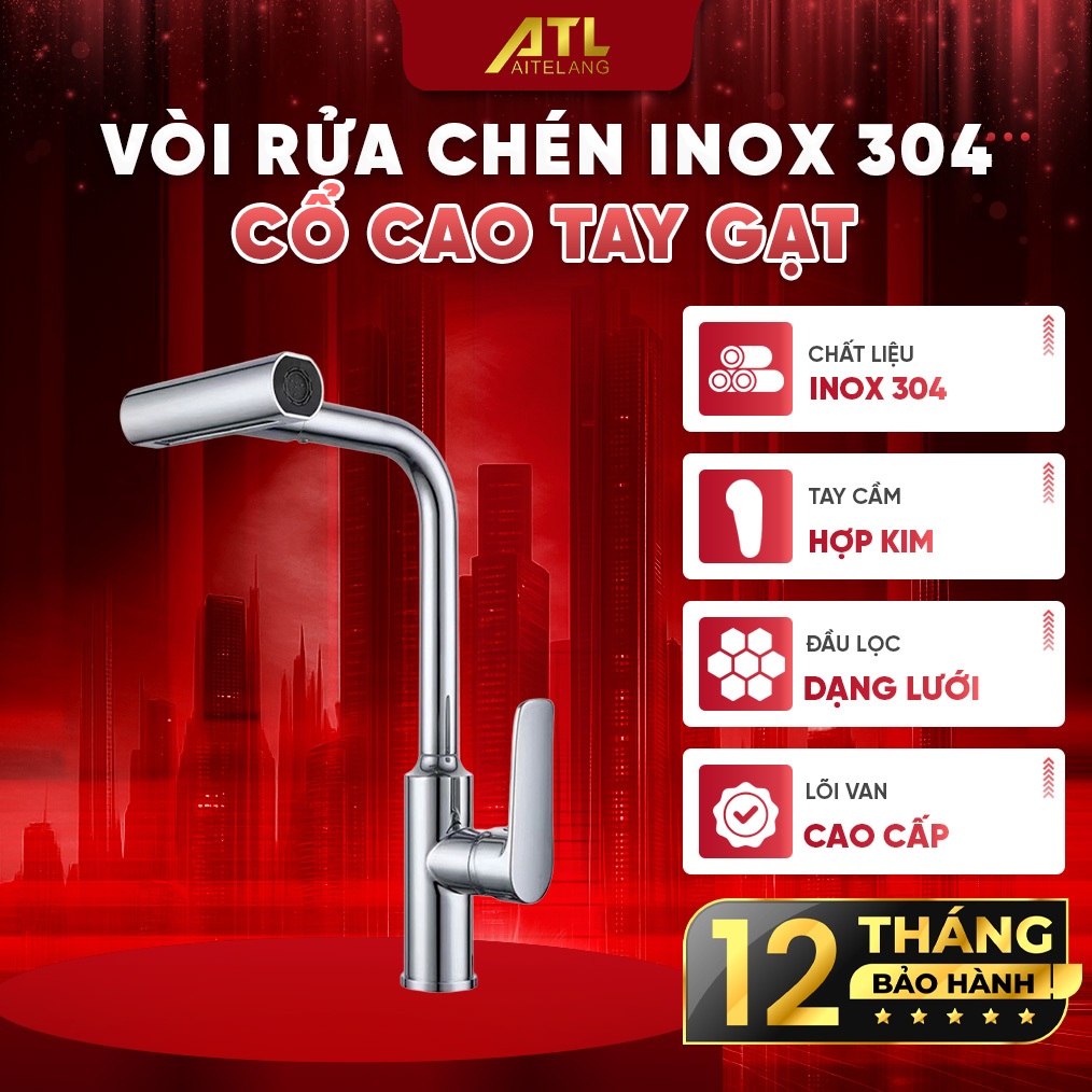 Vòi rửa chén inox thác nước xoay chiều, vòi nước rửa bát nóng lạnh thép không gỉ cao cấp, LTS-001