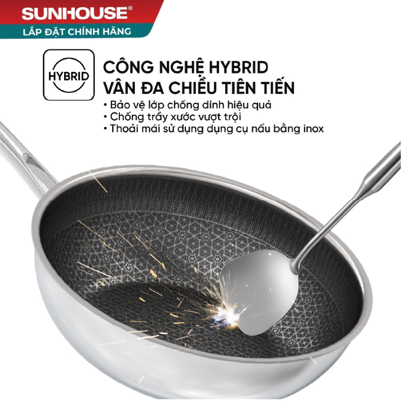 Chảo xào Inox liền đáy Hybrid SUNHOUSE IN26M8VK