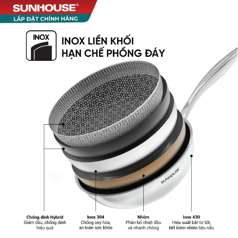 Chảo xào Inox liền đáy Hybrid SUNHOUSE IN26M8VK