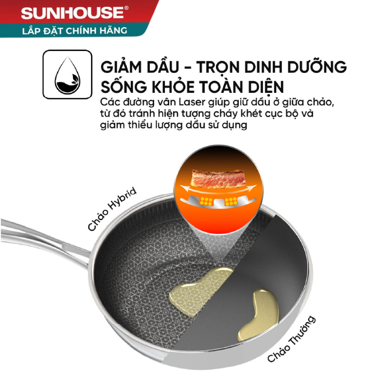 Chảo xào Inox liền đáy Hybrid SUNHOUSE IN26M8VK