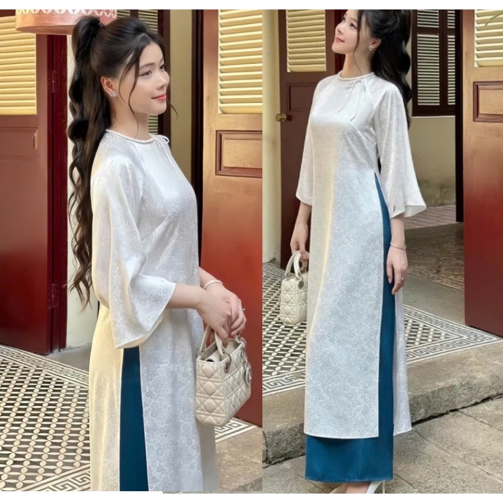 Áo Dài Cách Tân Cổ Tết Dáng Ôm Lụa Gấm Vân Chìm Tay Lỡ Cổ Tròn Thắt Nơ Cách Tân Sang Trọng Đi Chơi Lễ Tết T1457G