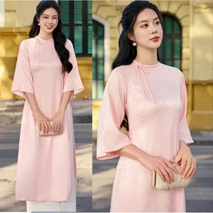 Áo Dài Cách Tân Cổ Tết Dáng Ôm Lụa Gấm Vân Chìm Tay Lỡ Cổ Tròn Thắt Nơ Cách Tân Sang Trọng Đi Chơi Lễ Tết T1457G