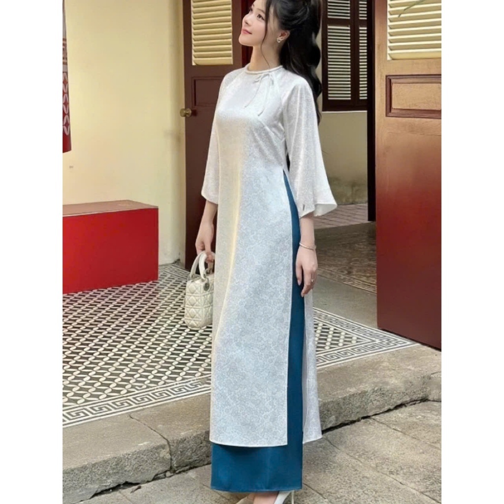 Áo Dài Cách Tân Cổ Tết Dáng Ôm Lụa Gấm Vân Chìm Tay Lỡ Cổ Tròn Thắt Nơ Cách Tân Sang Trọng Đi Chơi Lễ Tết T1457G