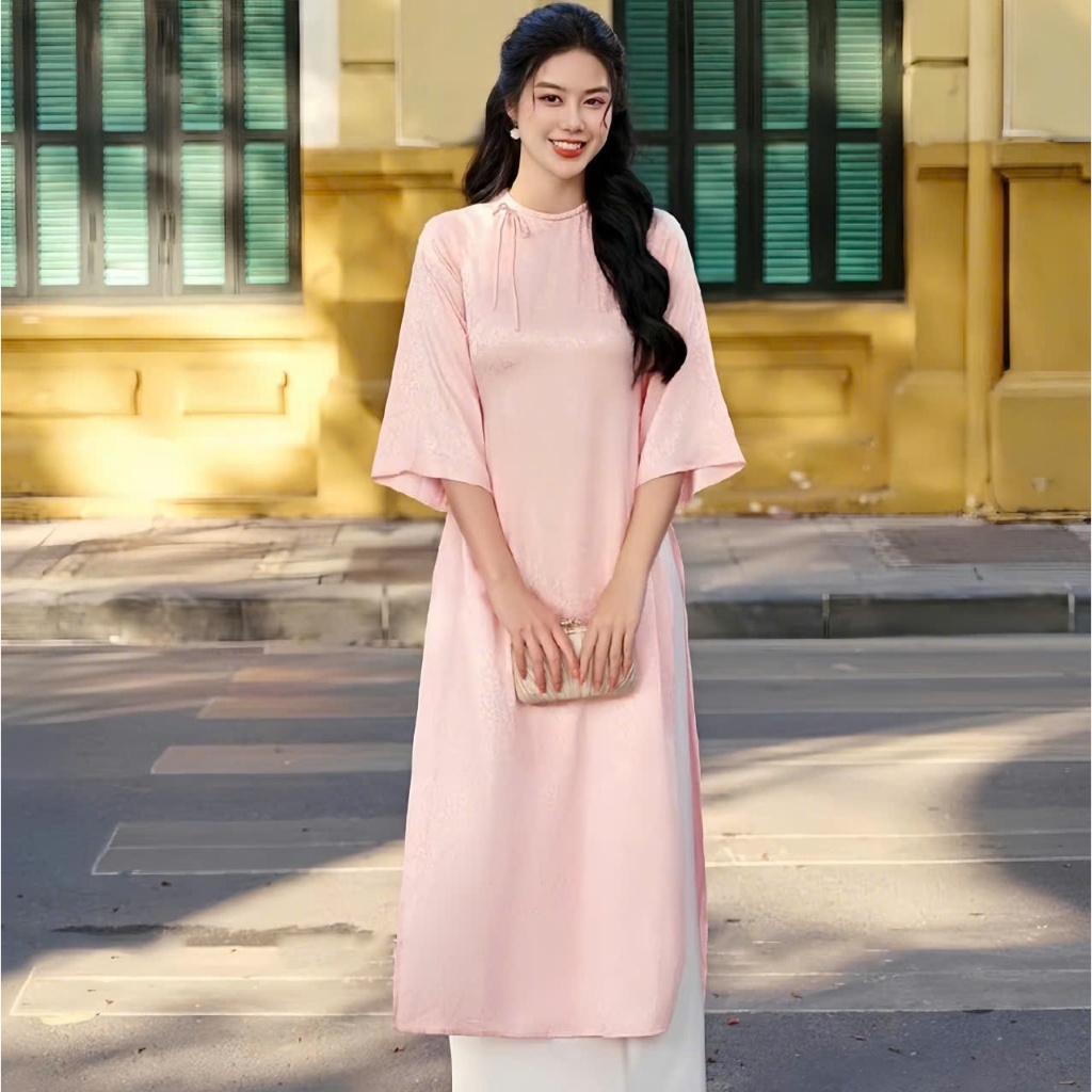 Áo Dài Cách Tân Cổ Tết Dáng Ôm Lụa Gấm Vân Chìm Tay Lỡ Cổ Tròn Thắt Nơ Cách Tân Sang Trọng Đi Chơi Lễ Tết T1457G