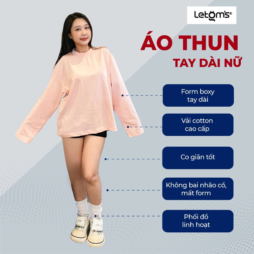 Áo thun tay dài nữ form boxy Letom's cotton cao cấp co giãn tốt không bai nhão dễ phối đồ thu đông basic.