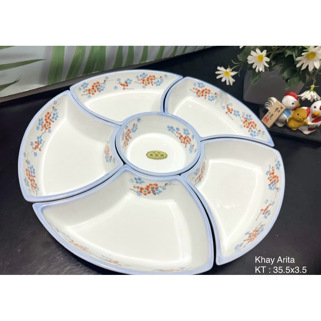(Ảnh thật) Bộ đĩa khay tròn ngũ sắc có chân đế/Gốm Nhật