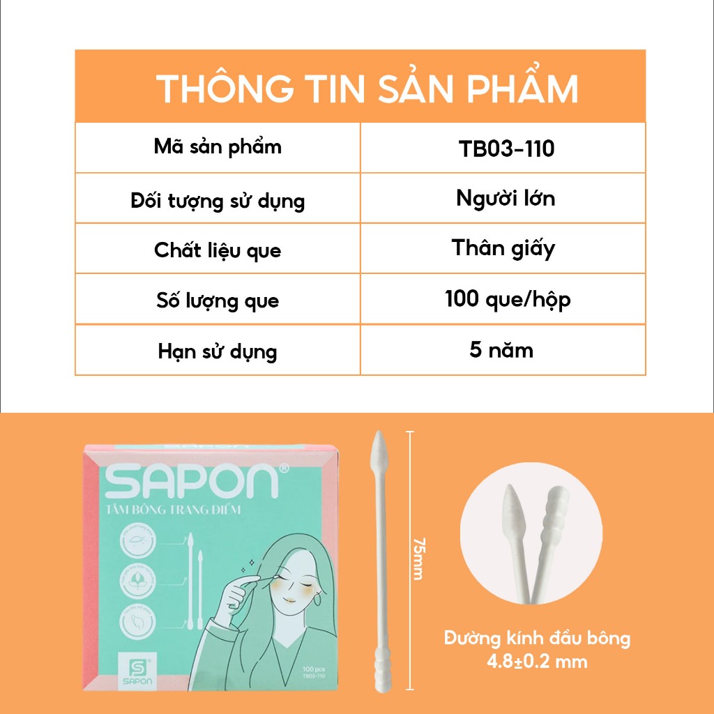 Combo 10 hộp Tăm bông trang điểm SAPON 100 que thân giấy đầu nhọn tiện lợi không xơ bông (TB03-110)