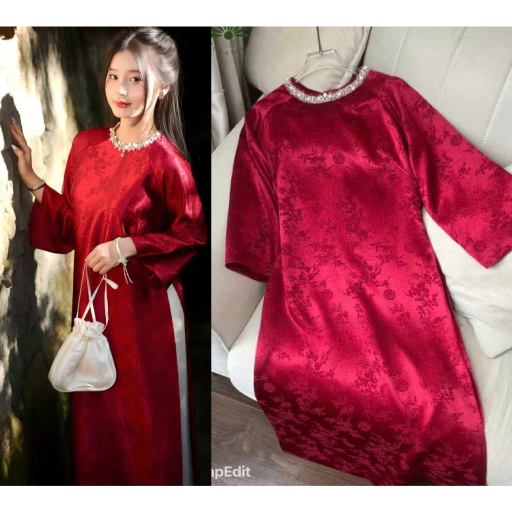Set Áo Dài Lụa Bóng Dáng Suông Cổ Tròn Kết Hạt Thủ Công - Áo Dài Cách Tân Nữ Thiết Kế Trẻ Trung Che Khuyết Điểm T1462G