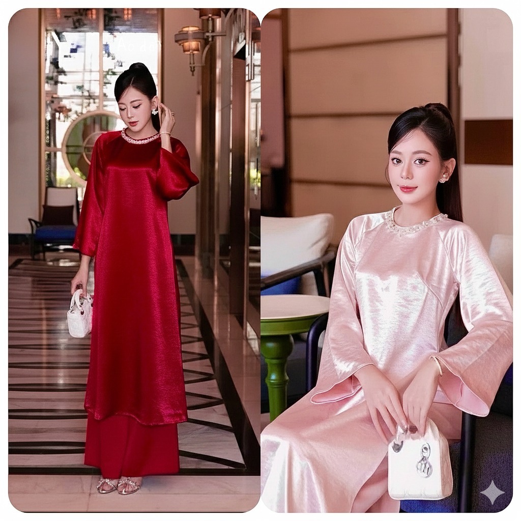 Set Áo Dài Lụa Gấm trơn Siêu Tôn Da - Dáng Suông Rộng Thoải Mái Che Khuyết Điểm Bắp Tay Cho Nàng Mũm Mĩm T1462G
