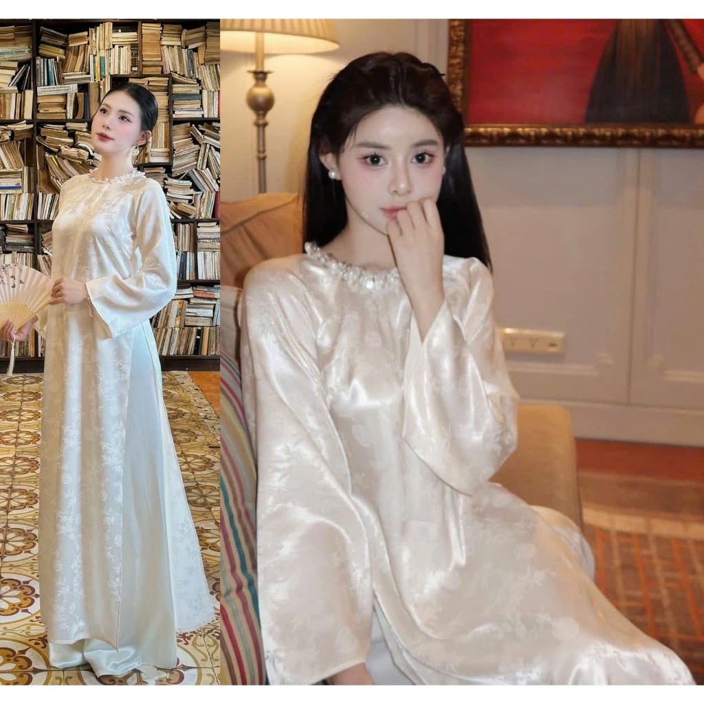 Áo dài cách tân cổ tròn đính kim sa lụa gấm trúc dáng suông sang chảnh + Quần lụa dài ống rộng truyền thống lễ tết T1462