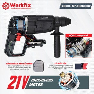 Máy khoan bê tông pin WORKFIX WF-RH2603CP, Lực đập 2.9J, Anti-kickback, Chân pin phổ thông