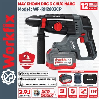 Máy khoan bê tông pin WORKFIX WF-RH2603CP, Lực đập 2.9J, Anti-kickback, Chân pin phổ thông