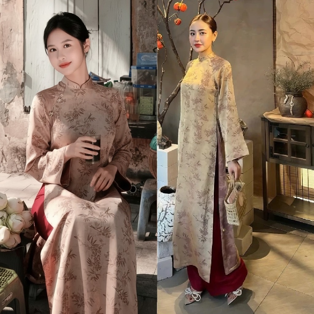 Áo Dài Tết 2026 Màu Pastel Họa Tiết Lá Trúc Nhã Nhặn Chất Gấm Mềm Mịn Không Nhăn Dáng Suông Hack DángT1472G