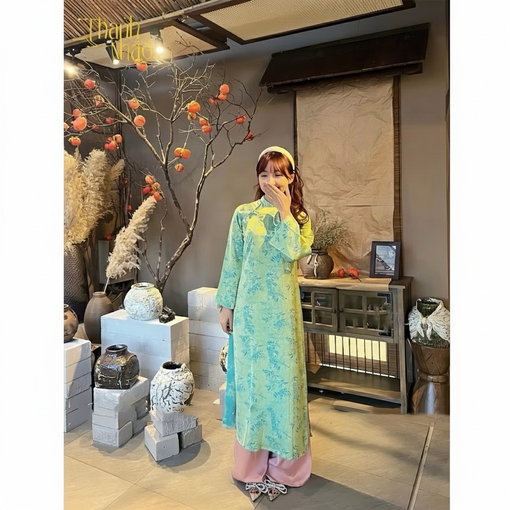 Áo Dài Tết 2026 Màu Pastel Họa Tiết Lá Trúc Nhã Nhặn Chất Gấm Mềm Mịn Không Nhăn Dáng Suông Hack DángT1472G