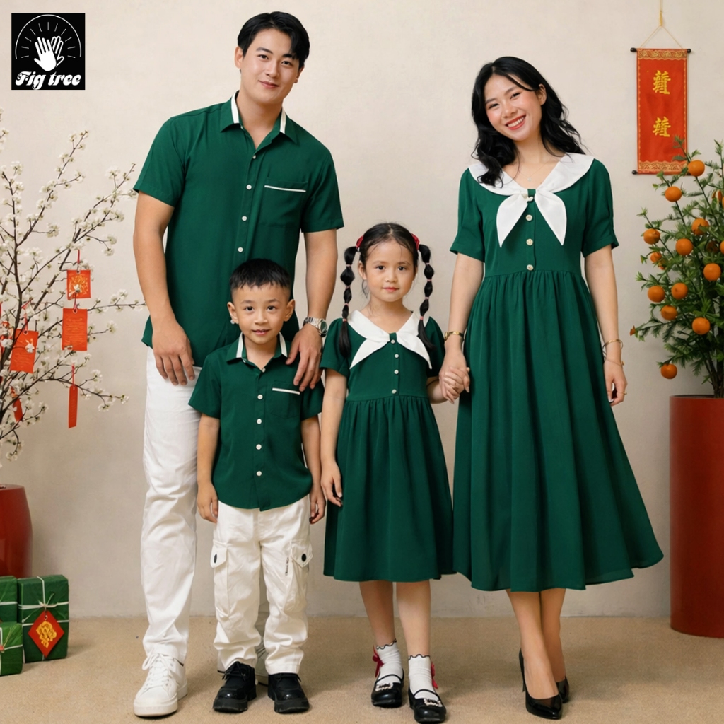 Đồ Gia Đình Fig Tree Màu Xanh Rêu Phối Trắng, Vải Đũi Cao Cấp Chụp Hình Noel , Đón Tết Siêu Sang