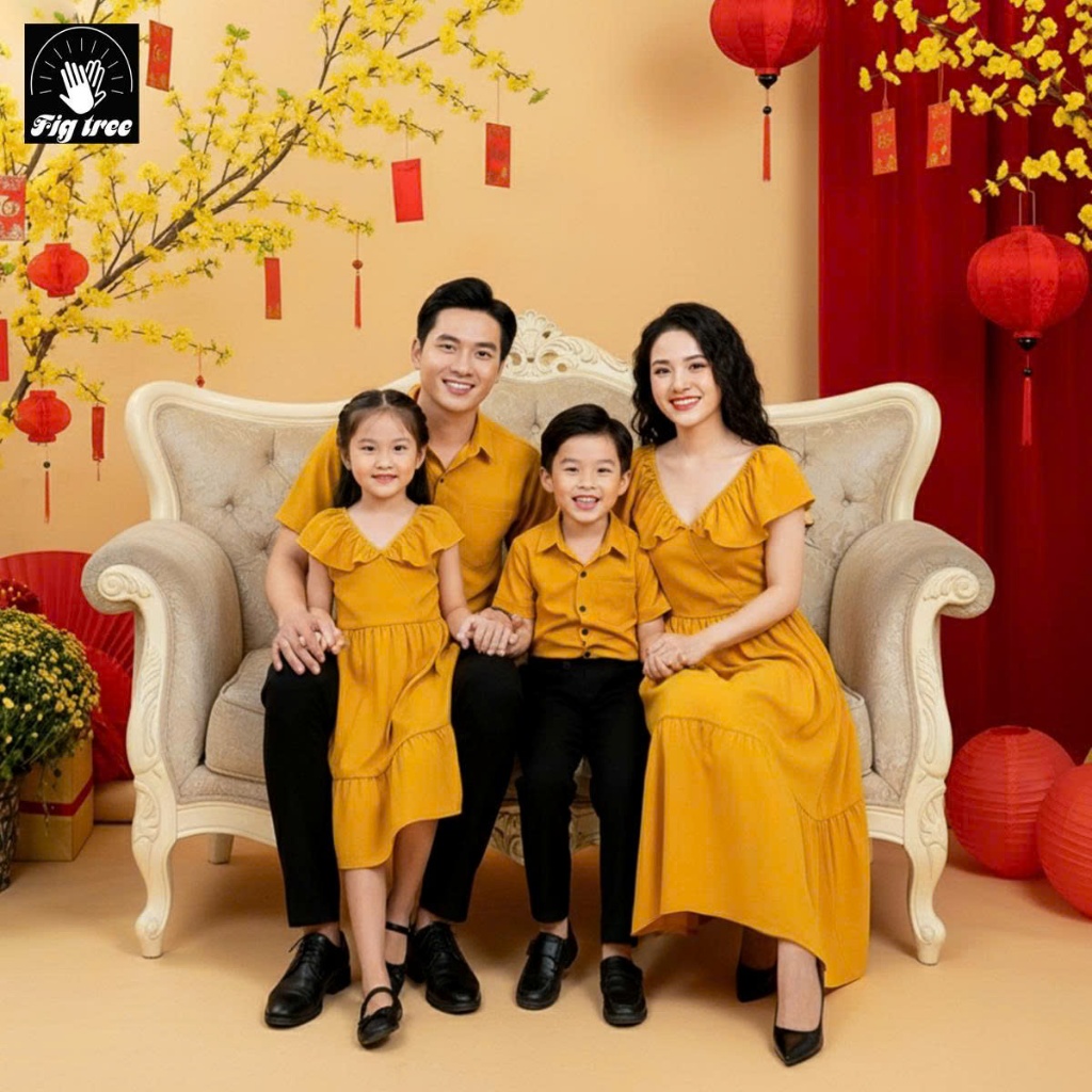 Đồng Phục Gia Đình Fig Tree - Màu Vàng Đũi Tươi Sáng Model Đi Tiệc, Chơi Tết, Chụp Hình Siêu Sang