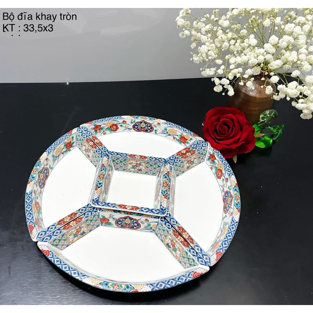 (Ảnh thật) Bộ đĩa khay tròn ngũ sắc có chân đế/Gốm Nhật