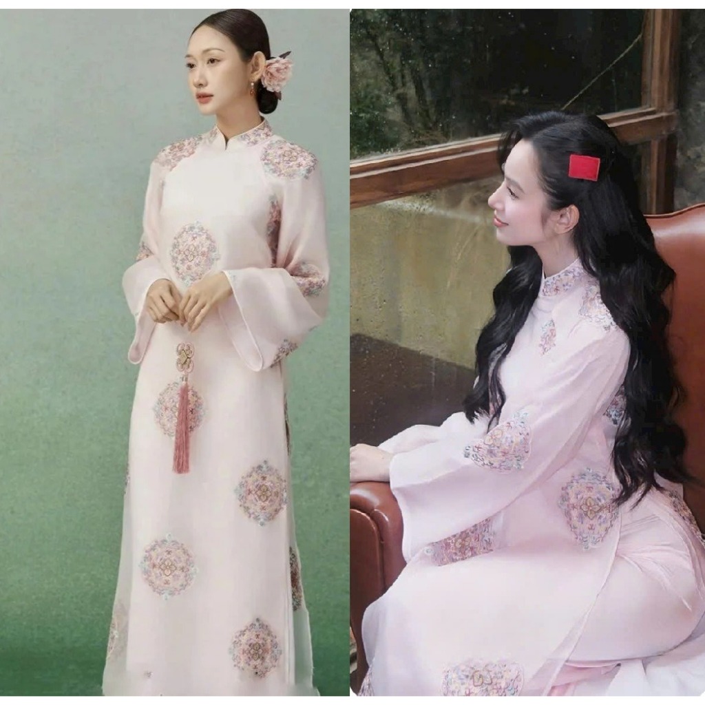 Áo Dài Tơ  4 Tà Họa Tiết Tròn Cổ Kính  Màu Tôn Da Chụp Ảnh Kỷ Yếu Du Xuân Siêu Xinh Dáng Rộng Che Bụng T1474G