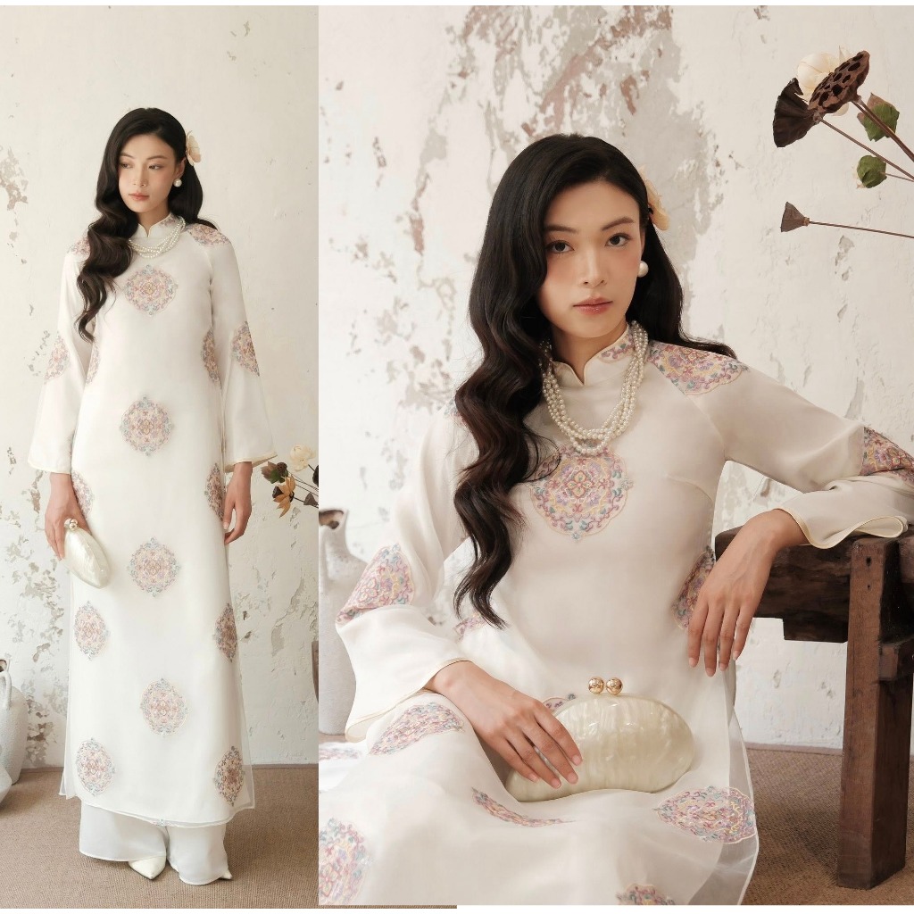 Áo Dài Tơ  4 Tà Họa Tiết Tròn Cổ Kính  Màu Tôn Da Chụp Ảnh Kỷ Yếu Du Xuân Siêu Xinh Dáng Rộng Che Bụng T1474G