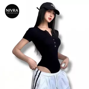 Áo Bodysuit Cộc Tay Cổ Tròn Phối Cúc Ngực NIVRA Phong Cách Cá Tính Chất Thun Gân Chính Phẩm - BBS045