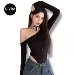 Áo Bodysuit Tay Dài BB Thiết Kế Lệch Vai Khoét Eo Cao Áo Liền Thân Chất Cotton Mềm Mại - BBS032