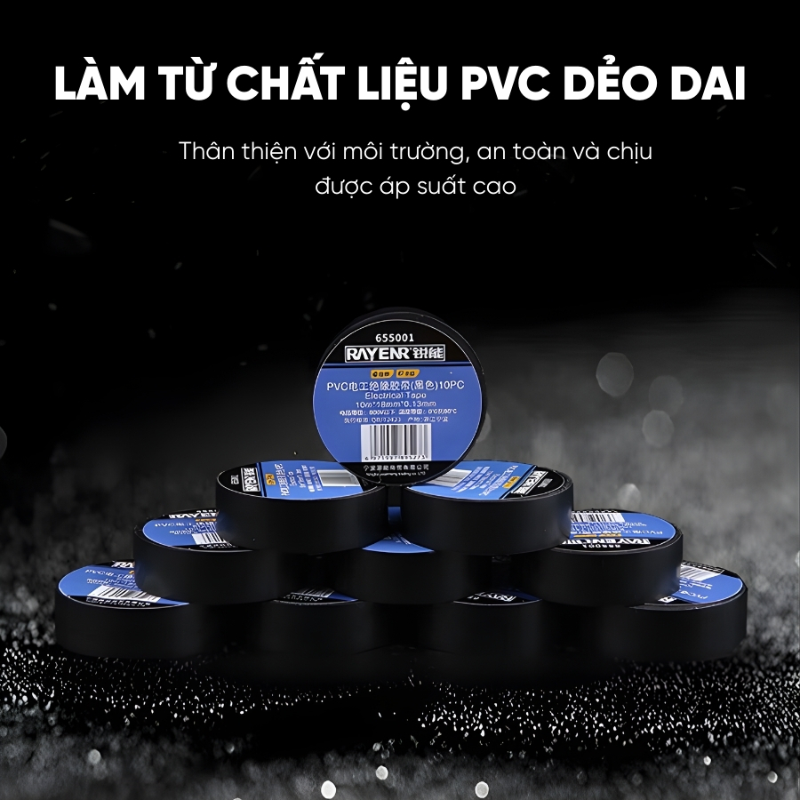 Băng Dính Cách Điện 10M RAYENR, Băng Keo Cách Điện Chống Nước Chống Cháy Chất Liệu Siêu Dính BD002