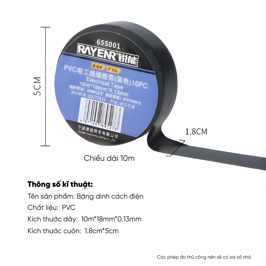 Băng Dính Cách Điện 10M RAYENR, Băng Keo Cách Điện Chống Nước Chống Cháy Chất Liệu Siêu Dính BD002