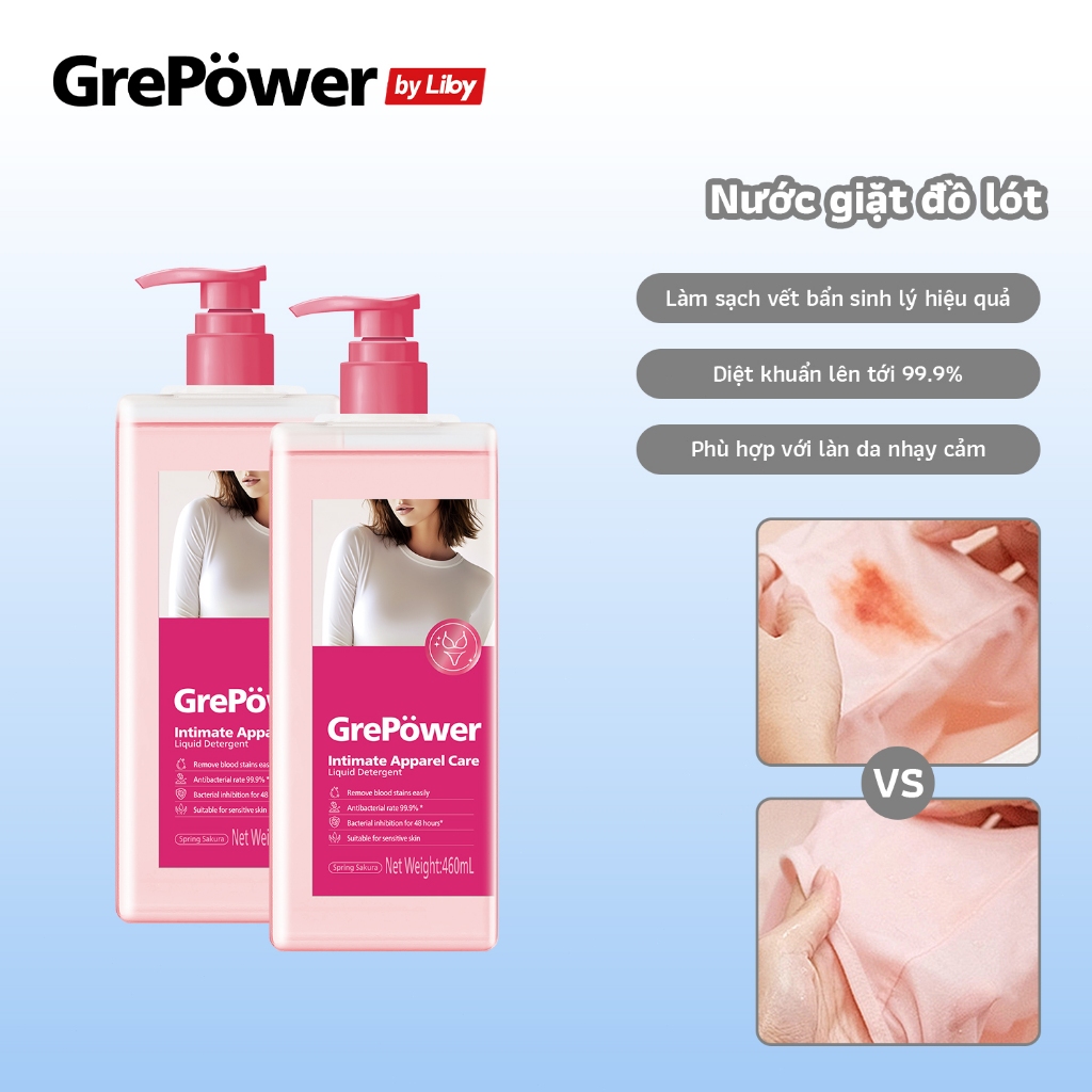 Nước giặt dành cho đồ lót GrePower 180ml/460ml - Công thức dịu nhẹ,  diệt khuẩn tới 99.9%,phù hợp da nhạy cảm