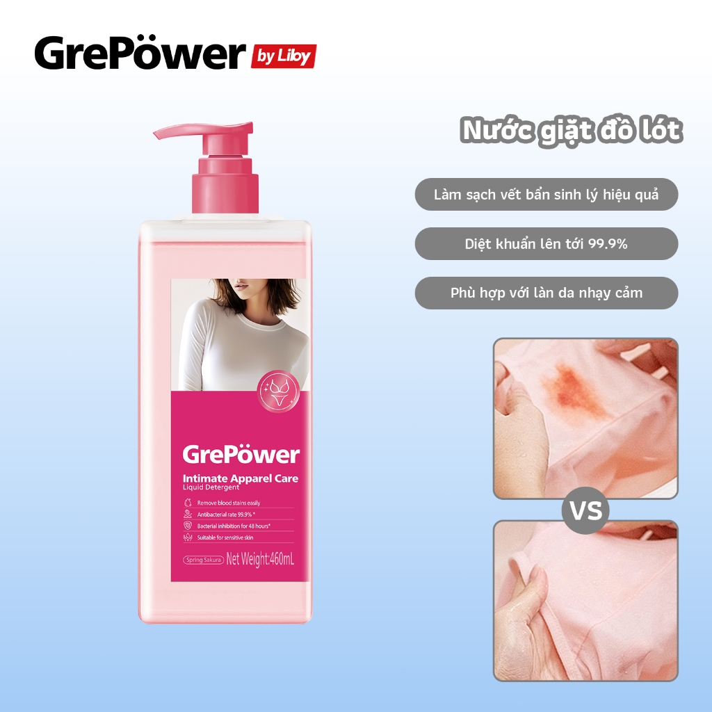 Nước giặt dành cho đồ lót GrePower 180ml/460ml - Công thức dịu nhẹ, phù hợp da nhạy cảm, diệt khuẩn tới 99.9%