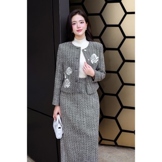 Áo Dạ Tweed Suông 2 Lớp Thêu Hoa, Chân Váy Dạ Dai Xẻ Sau LAMER L65W25T020 L62M25T007