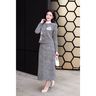 Áo Dạ Tweed Suông 2 Lớp Thêu Hoa, Chân Váy Dạ Dai Xẻ Sau LAMER L65W25T020 L62M25T007