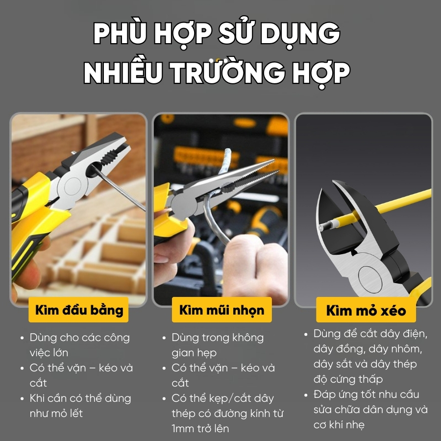 Bộ 3 Kìm Đa Năng RAYENR, Kìm Cắt Dây Điện, Kìm Mũi Nhọn, Kìm Mỏ Xéo Chất Liệu Thép Cacbon Chống Gỉ KCAT002