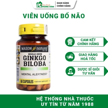 Viên Uống Bổ Não Mason Natural Ginkgo Biloba - Hỗ Trợ Tăng Cường Tuần Hoàn Não 60 Viên/Hộp