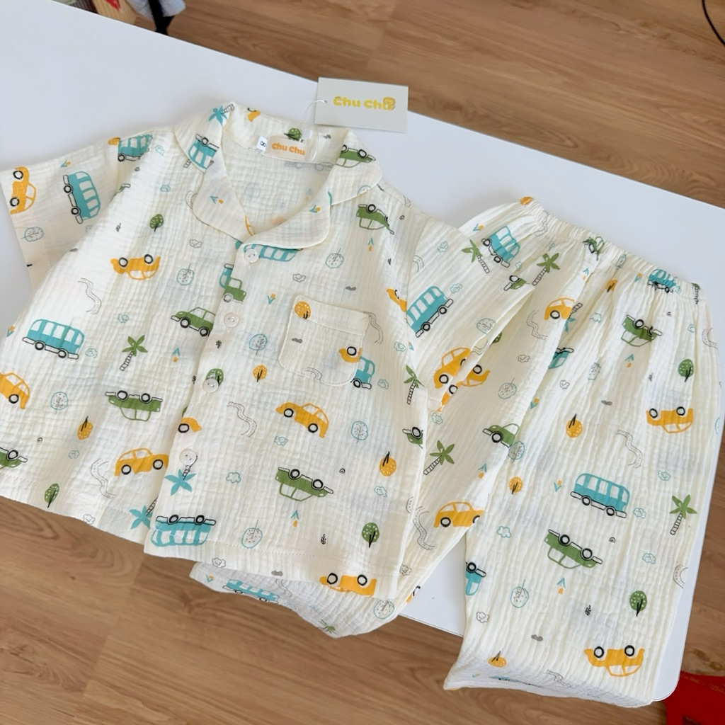 Đồ ngủ trẻ em 9–24kg | Bộ tay ngắn form rộng, vải Xô Muslin thoáng mát, thấm hút mồ hôi