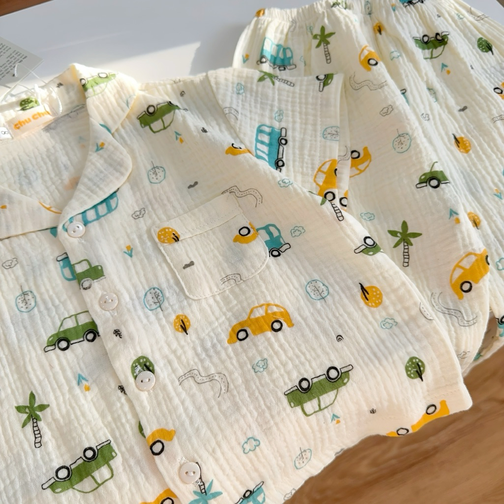 Đồ ngủ trẻ em 9–24kg | Bộ tay ngắn form rộng, vải Xô Muslin thoáng mát, thấm hút mồ hôi