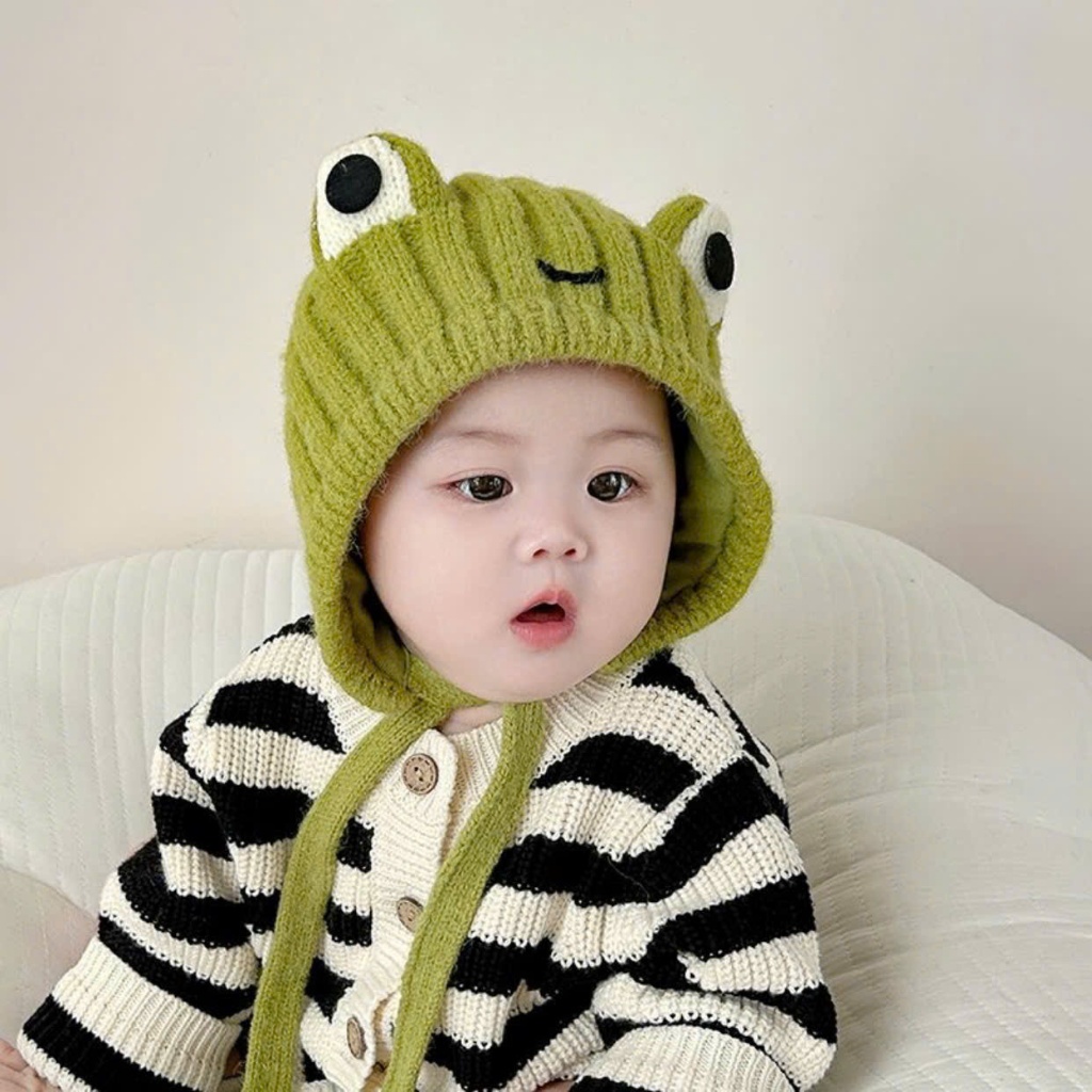 Mũ Len Hình Ếch Cho Bé 0-2 Tuổi Có Dây Buộc – Mũ Len Giữ Ấm Mềm Mại, Dễ Thương
