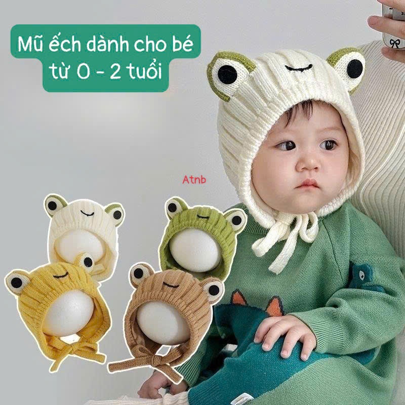 Mũ Len Hình Ếch Cho Bé 0-2 Tuổi Có Dây Buộc – Mũ Len Giữ Ấm Mềm Mại, Dễ Thương