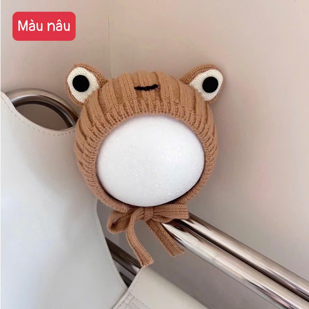 Mũ Len Hình Ếch Cho Bé 0-2 Tuổi Có Dây Buộc – Mũ Len Giữ Ấm Mềm Mại, Dễ Thương