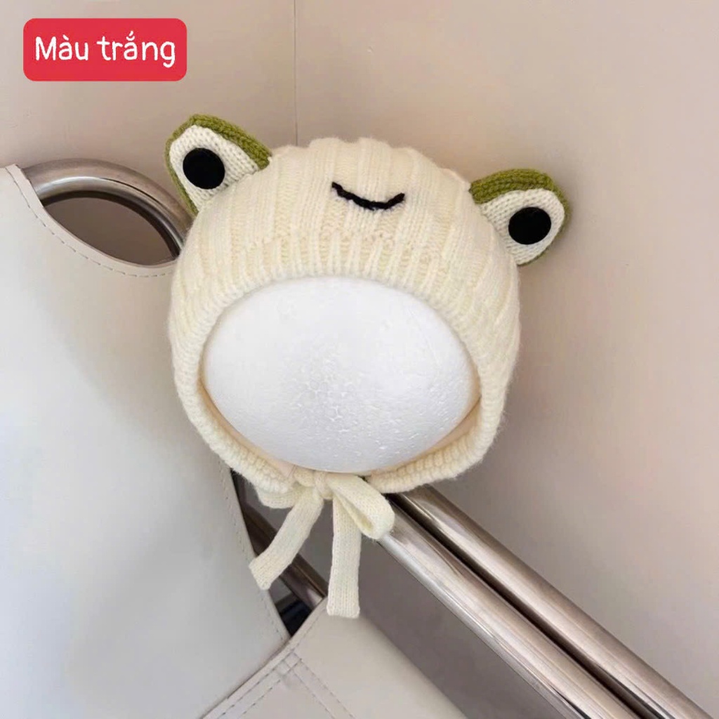 Mũ Len Hình Ếch Cho Bé 0-2 Tuổi Có Dây Buộc – Mũ Len Giữ Ấm Mềm Mại, Dễ Thương