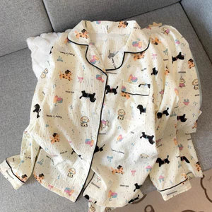 Bộ Đồ Ngủ Nữ Pijama Cotton Nhăn Áo Tay Dài Quần Dài Họa Tiết Cún