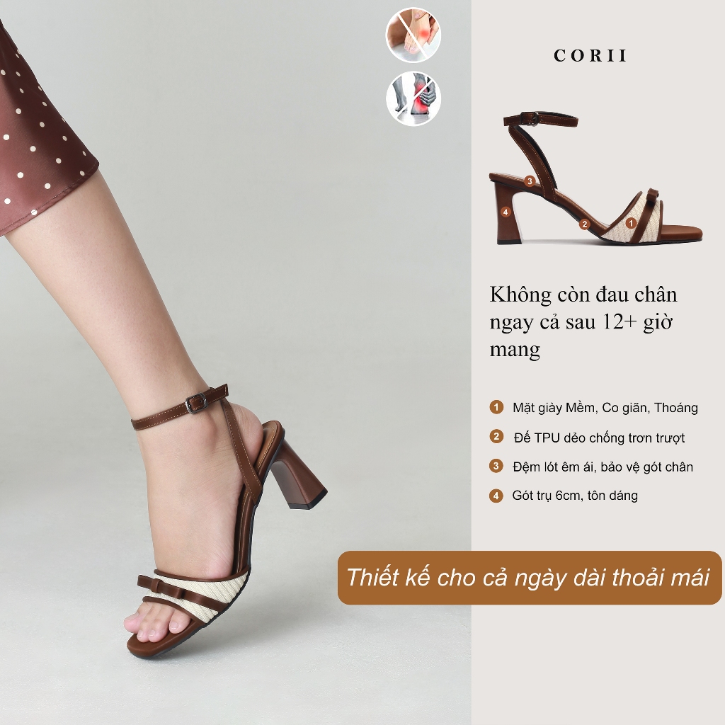 CORII - Giày Sandal Cao Gót Mũi Vuông Phối Nơ TẾT 2026 Thời Trang và Thoải Mái  - CR6T263 Nâu