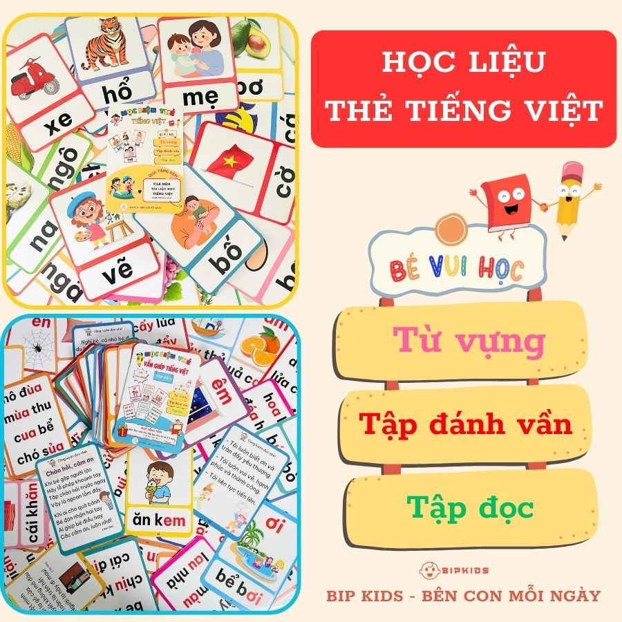 Bộ học liệu thẻ Tiếng Việt - Bộ thẻ Flashcard Từ vựng đơn, Vần ghép. Giúp bé tập đọc, tập đánh vần, ghép vần Tiếng Việt.