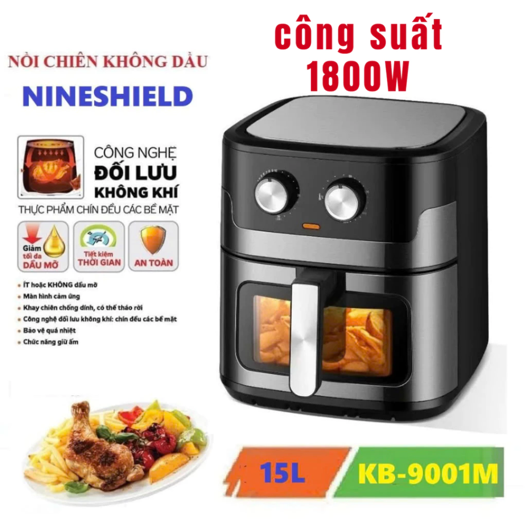 NỒI CHIÊN KHÔNG DẦU NHẬT BẢN CAO CẤP NINESHIELD 8L 10L 12,5L 15L CÓ KÍNH + GIÓ ĐỐI LƯU BH 12 THÁNG — bếp nhà mình