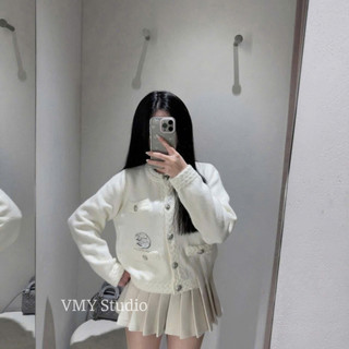 VMY Studio -  Áo len cardigan trắng dài tay QCCC, áo cardigan len dài tay viền thừng túi hộp xinh xắn trẻ trung nữ