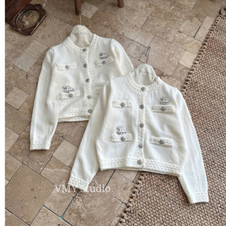 VMY Studio -  Áo len cardigan trắng dài tay QCCC, áo cardigan len dài tay viền thừng túi hộp xinh xắn trẻ trung nữ