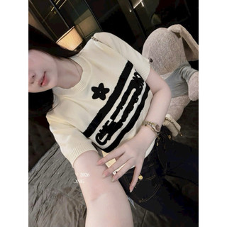 LT - Áo len nữ cổ tròn dệt kim cộc tay chữ ngang ngực ngôi sao, len cổ cao free size 1543