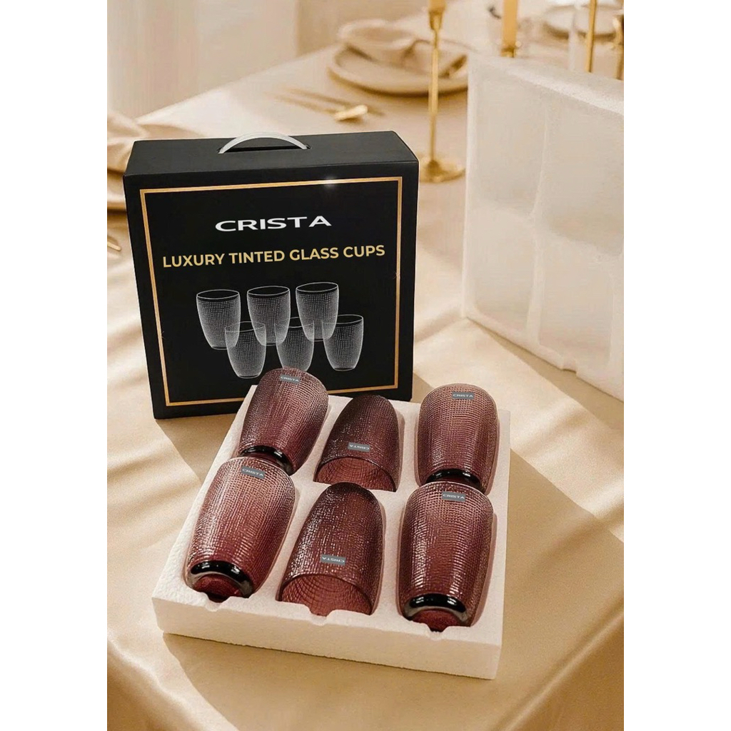 Bộ 6 Cốc Thủy Tinh Vân Lưới Dập Nổi Crista Home 420ml Màu Tím Cao Cấp Decor Bàn Tiệc QuàTết