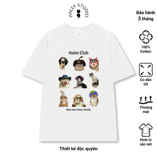 Áo thun Halev Unisex form Oversize nam nữ in hình Mèo vui nhộn Fancy chất Cotton 100% sợi đôi 250gsm cao cấp