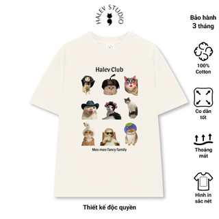 Áo thun Halev Unisex form Oversize nam nữ in hình Mèo vui nhộn Fancy chất Cotton 100% sợi đôi 250gsm cao cấp